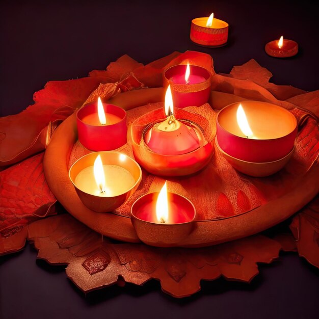 Diseño de carteles o pancartas de Happy Diwali con lámparas de aceite iluminadas