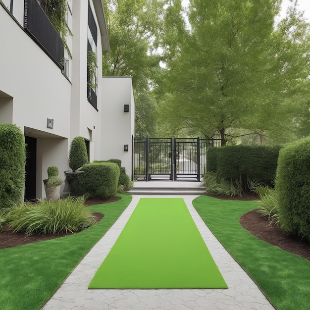 diseño de casa moderna y hermosa con césped verde césped green y pasarela de madera moderno y hermoso