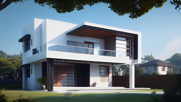 Diseño de casa moderna de lujo en 3D con fondo de hermoso paisaje de bienes raíces de balcón