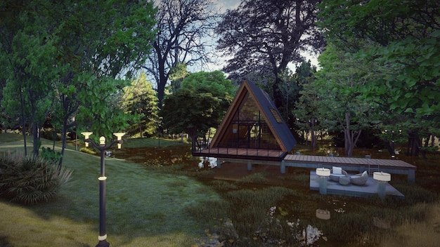 Diseño de la casa del triángulo en el fondo del bosque del lago para la ilustración del campamento 3d