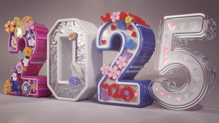 Foto diseño de celebración del año nuevo 2025 decorado con flores en 3d