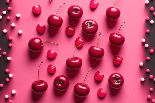 Diseño de cereza Cherry flat lay con fondo rosa una vista superior