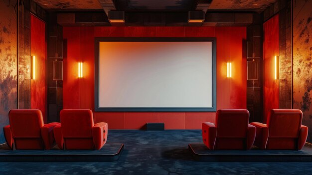 Foto diseño de cine privado con fondo rojo diseño de carteles publicitarios o comerciales renderizado en 3d
