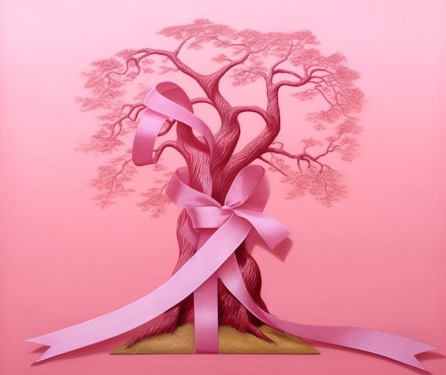 Un diseño de una cinta rosa entrelazada con un árbol.