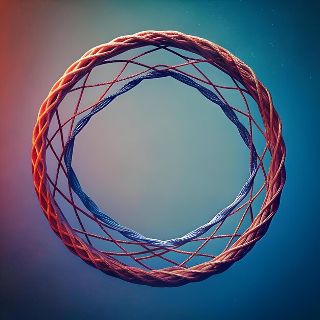 Diseño circular abstracto con intrincadas líneas rojas y azules entrelazadas que simbolizan la conexión y el trabajo en equipo