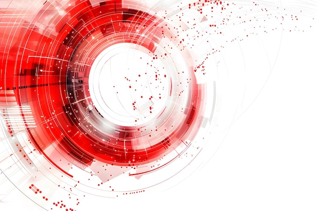 Diseño circular dinámico abstracto en rojo y blanco con elementos digitales