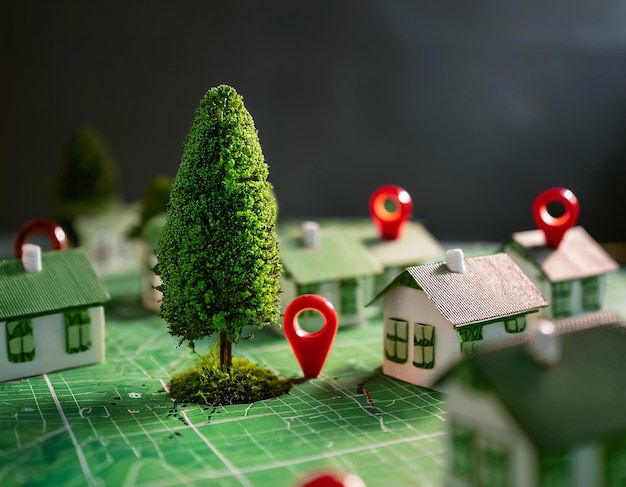 diseño de la ciudad ecológica los pines geográficos rojos están marcados en ciertos puntos