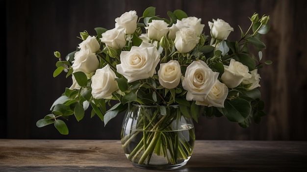 Un diseño clásico y elegante con rosas blancas y delicada vegetación generada por IA