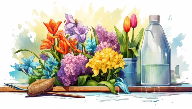 Diseño de clipart con suministros de limpieza flores y un entorno limpio y brillante para simbolizar la tradición de la limpieza de primavera