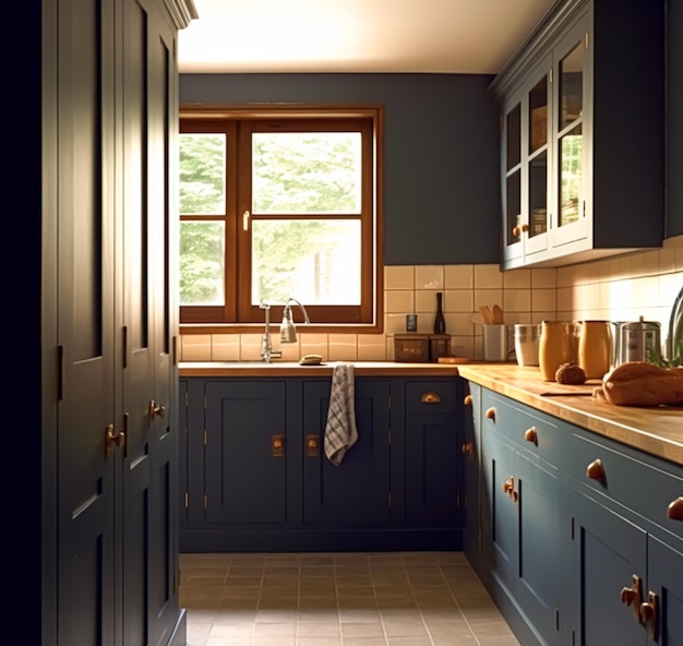 Foto diseño de cocina de campo azul oscuro decoración interior y mejora de la casa inglés clásico en el marco armarios de cocina encimera y electrodomésticos casa elegante estilo cottage generativo ai