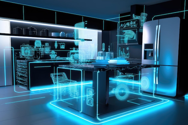 Diseño de cocina futurista con contorno azul holográfico