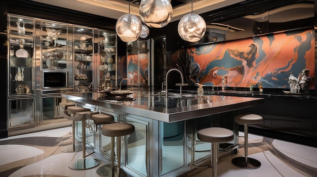 Diseño de cocina de glamour y elegancia con lujosos elementos art déco