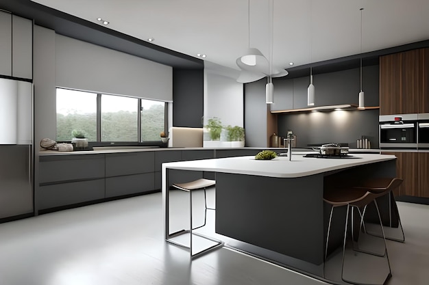 Diseño de cocina interior moderna gris claro