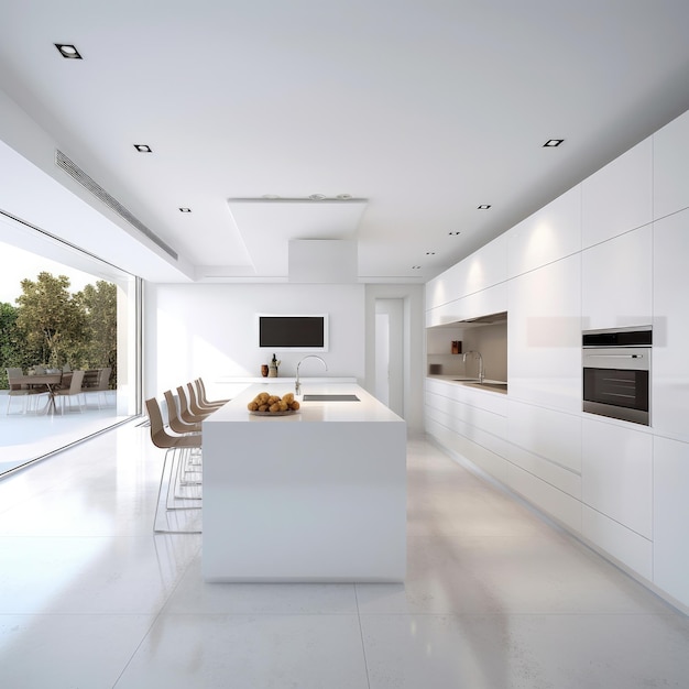 Diseño de cocina minimalista atemporal con una isla de madera y gabinetes blancos