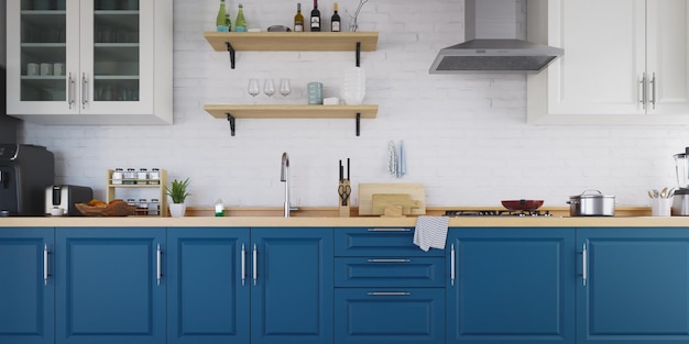 Diseño de cocina moderna minimalista en blanco y azul oscuro renderizado en 3D