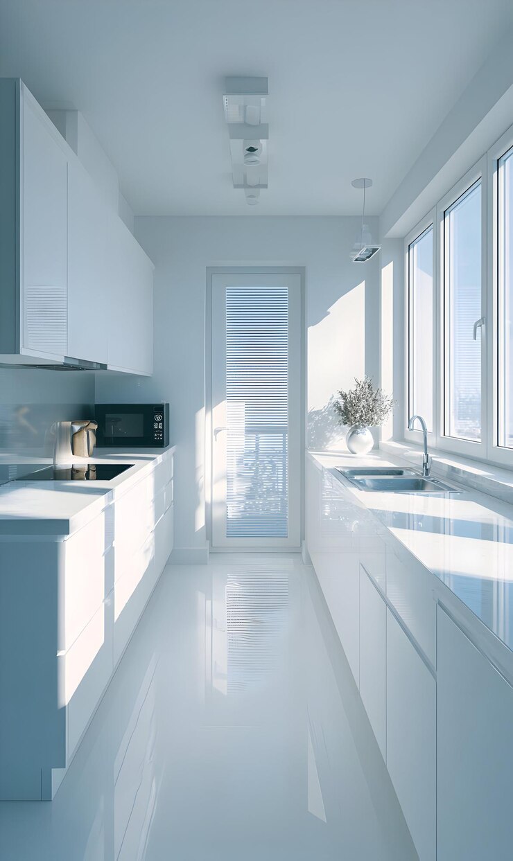 Diseño de cocina moderno y brillante que muestra líneas limpias y una estética minimalista con abundante luz natural que ilumina el espacio