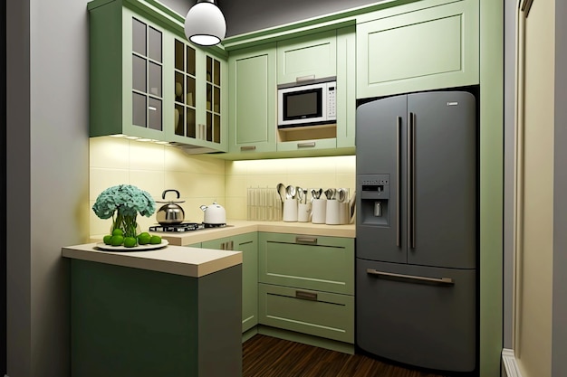 Diseño de cocina moderno y compacto con elementos de marquesina verde y encimera en tonos grises en el interior de la cocina por la noche ai generativo