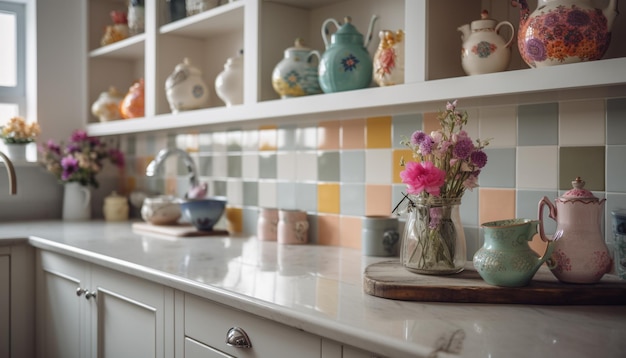 Diseño de cocina moderno con elegantes cerámicas y flores frescas generadas por IA