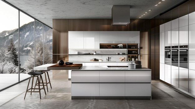 Un diseño de cocina moderno espacioso y elegante con abundante luz natural, electrodomésticos modernos y un acogedor comedor