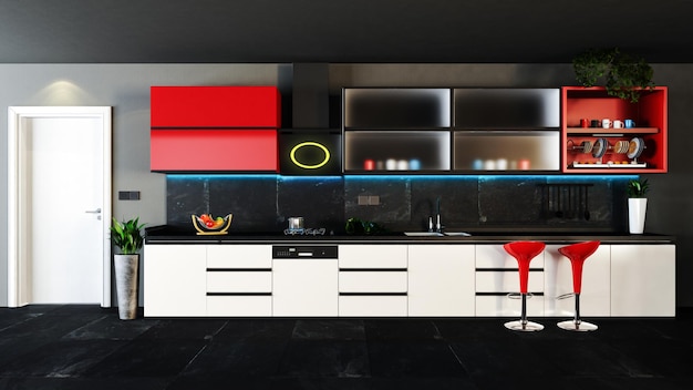 Diseño de cocina rojo y negro con idea de decoración de concepto interior oscuro representación 3D