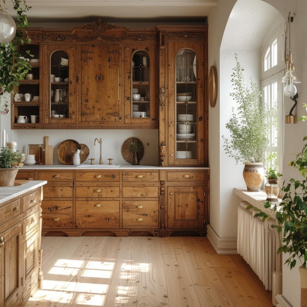 Diseño de una cocina rústica con armarios de madera y una gran ventana