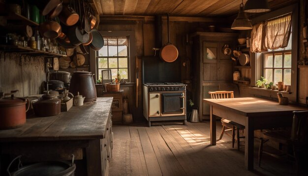 Diseño de cocina rústica con equipamiento moderno y decoración antigua generada por IA