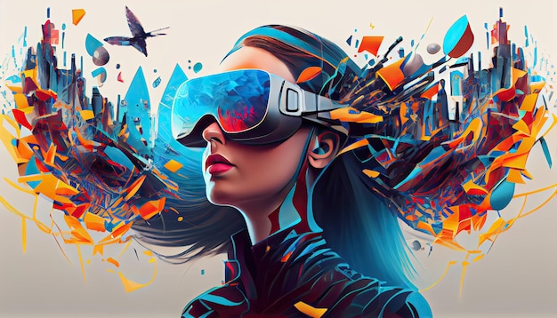 Diseño de collage de concepto AI Metaverse con auriculares VR con tecnología futurista de gafas inteligentes