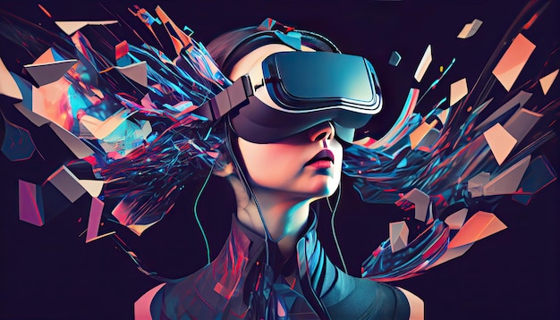 Diseño de collage de concepto AI Metaverse con auriculares VR con tecnología futurista de gafas inteligentes