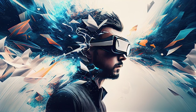 Diseño de collage de concepto AI Metaverse con auriculares VR con tecnología futurista de gafas inteligentes