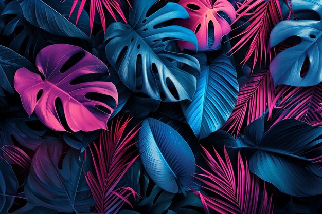 Foto diseño de color fluorescente hecho de hojas tropicales sobre fondo negro