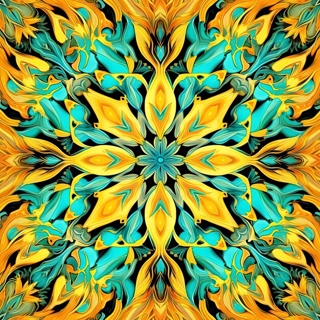 un diseño colorido en amarillo y azul con una flor amarilla
