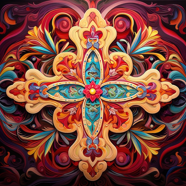 un diseño colorido con una cruz en él se muestra en un patrón multicolor
