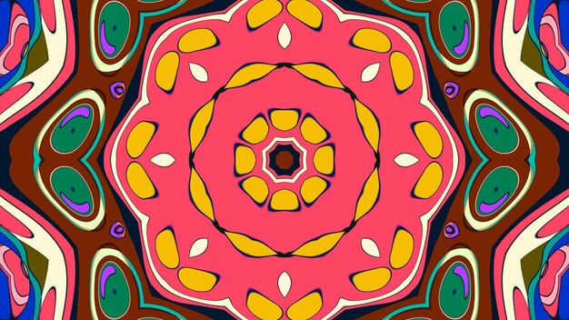 un diseño colorido con una flor rosa en él