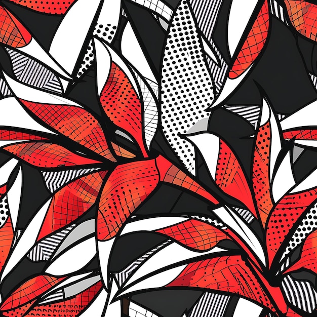 un diseño colorido con formas geométricas rojas y negras y blancas