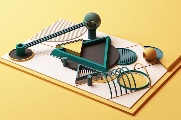 Diseño con composición de formas de estilo geométrico de Memphis en tonos amarillos y verdes ilustración de renderización 3D