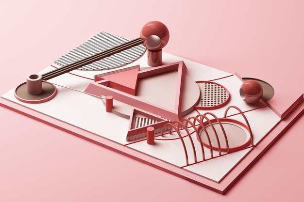 Diseño con composición de formas de estilo geométrico de Memphis en tonos rosados pastel ilustración de renderización 3D