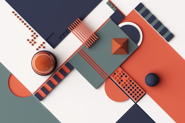 Diseño con composición de formas geométricas en tonos naranja y azul oscuro Ilustración de renderización 3D