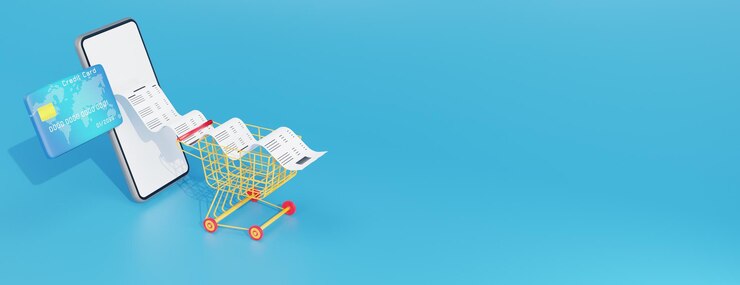 Foto diseño de compras online. carritos de la compra con recibos largos, cartel publicitario, banner ilustración 3d