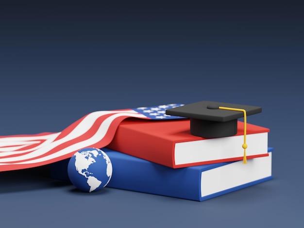 Diseño de concepto de banner de estudio en el extranjero de gorra de graduación en libros y global con bandera estadounidense sobre fondo azul 3D render