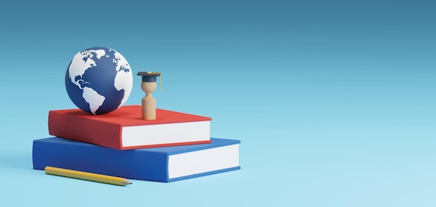 Diseño de concepto de banner de estudio en el extranjero de personas de madera con gorra de graduación y mundo en libros 3D render