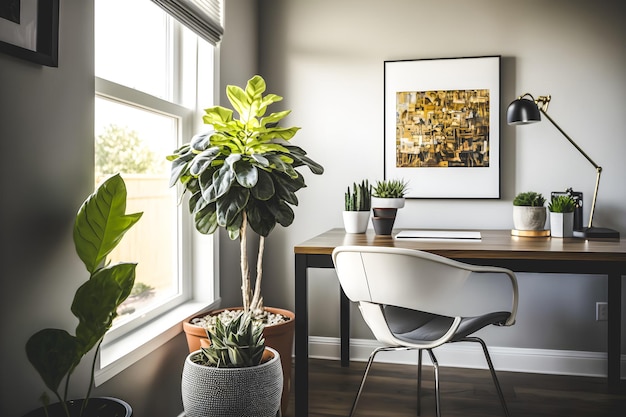 el diseño del concepto interior de la oficina en el hogar presenta una hermosa planta natural que crea un ambiente relajante