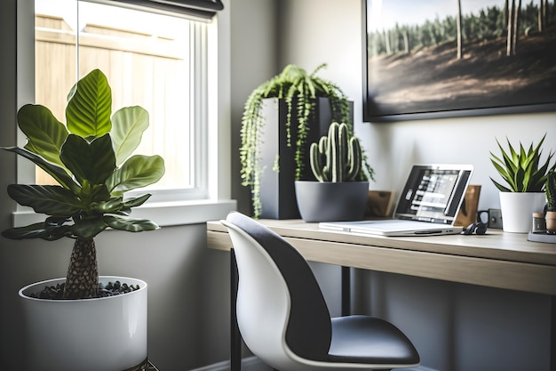 el diseño del concepto interior de la oficina en el hogar presenta una hermosa planta natural que crea un ambiente relajante