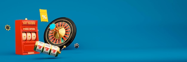 Diseño de concepto de juego Rueda de ruleta realista en 3D y máquina tragamonedas en banner horizontal bg azul