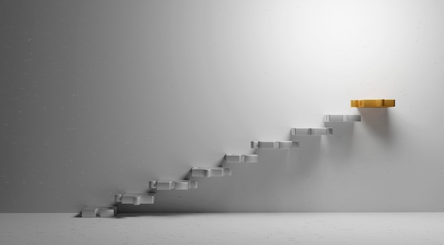 Diseño de concepto de negocio de rompecabezas de escaleras de metal de lujo con espacio de copia estilo minimalista 3d render