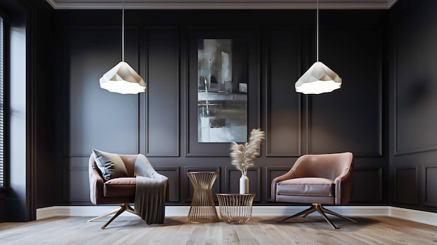 Diseño de concepto oscuro interior de la sala de estar de la arquitectura clásica de la representación 3d