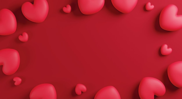 Diseño de concepto de San Valentín de corazones sobre fondo rojo con copia espacio 3d render