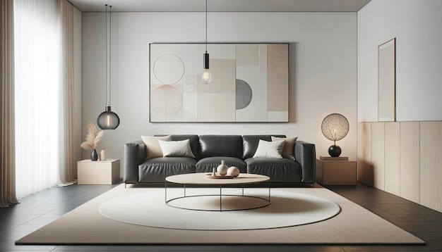 Un diseño contemporáneo minimalista con paredes blancas, una suave alfombra beige, un sofá de cuero negro y elementos de iluminación geométricos AI Generative