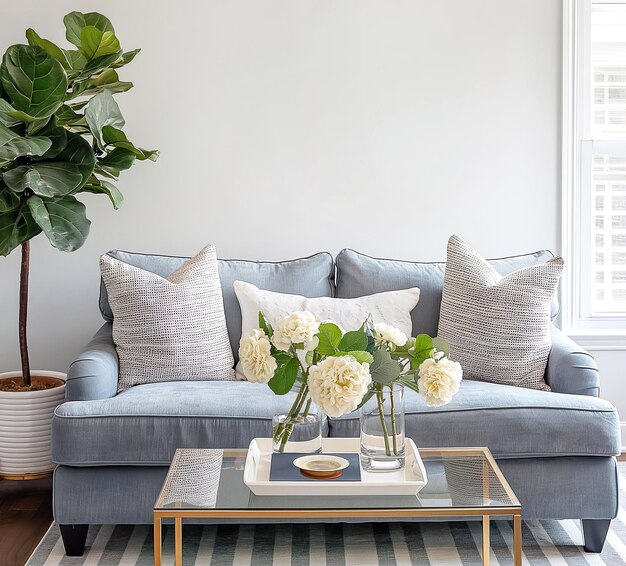 Diseño contemporáneo de sala de estar con sofá gris azul claro plantilla de maqueta interior para arte de pared