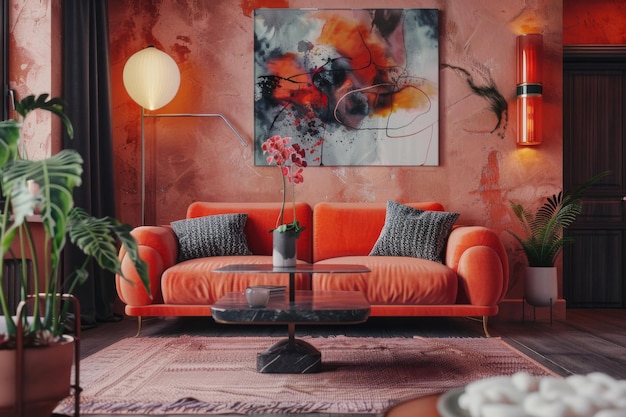 Diseño Coral Art Deco estilo loft interior y sala de estar moderna