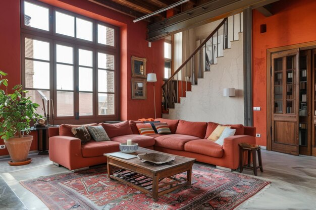 Diseño Coral Interior de loft de estilo tradicional y sala de estar moderna